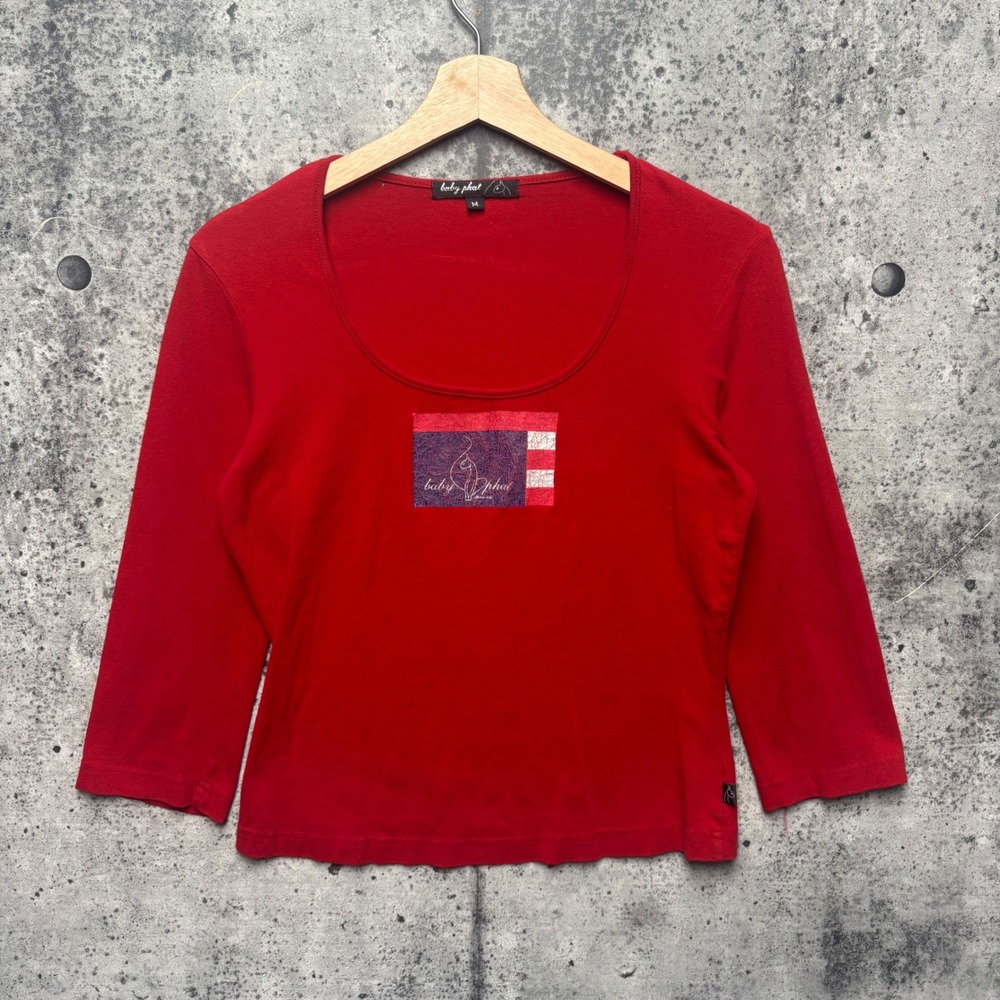 00s Baby Phat Red 3/4 Sleeve Scoop Neck Graphic Logo Top Womens Medium McBling